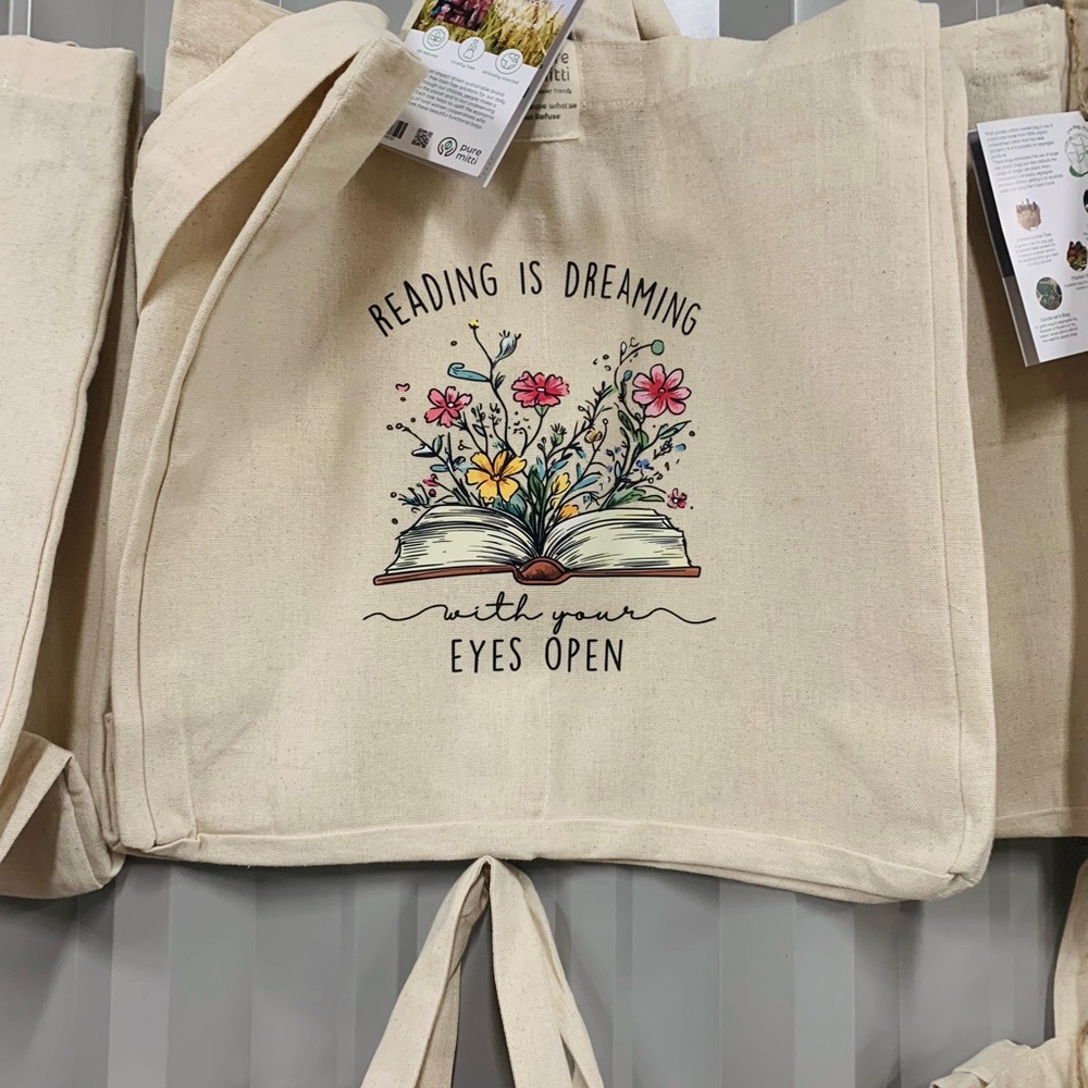 Canvas Tote Bag with Floral Book Design